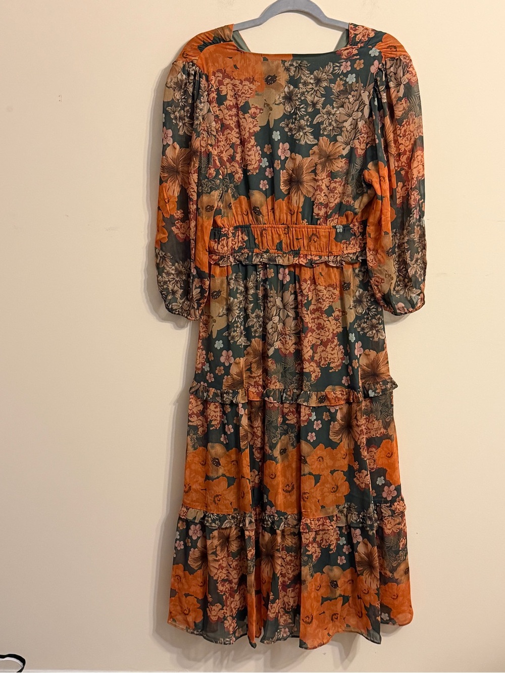 Polagram NWT Fall Floral Tiered Midi Maxi Dress V Neck Balloon Sleeve - Picture 4 of 5